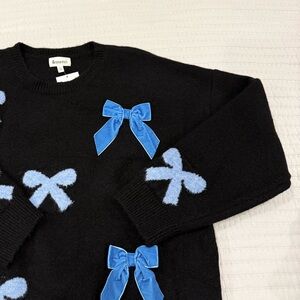 Luxe Knit Sweater with Blue Bow Accents